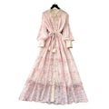 French romantic lantern sleeve printed dress - women's  autumn collection - slim fit a-line maxi dress - commute chic & elegant