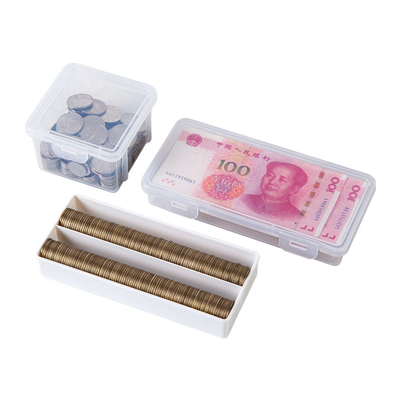 Banknote coin storage box, transparent plastic with lid, small card storage box with partition, postcard card storage box.