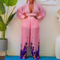Independent station export wholesale v neck chiffon lantern sleeve tops pleated wide leg pants two-piece setfashionsuit