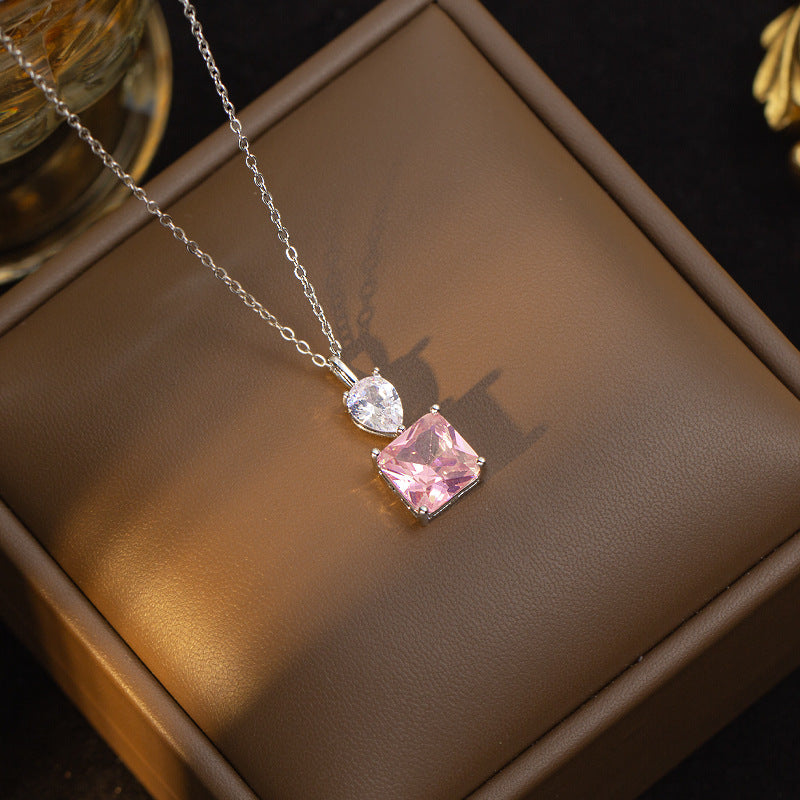 Necklace for women, popular pink zircon, geometric niche style fashion design, titanium steel pendant, elegantsuit collarbone chain