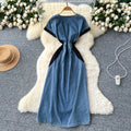 Vintage chic denim dress for women -  summer collection: high-end, heavily embellished with rhinestone embroidery, cinched waist, v-neck, short sleeve maxi dress