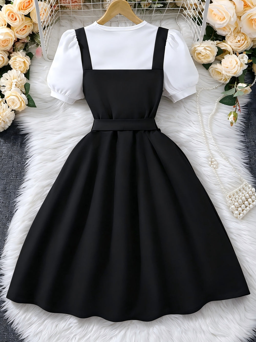 Big kids' (girls') dress, double-breasted suspender dress, short-sleeve faux two-piece dress
