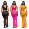 C7580 cross-border   fashionable women's hot-selling rhinestone mesh sleeveless two-piece dress set