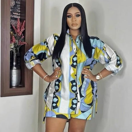 European and American large size fashion lapel print long-sleeved cardigan shirt African foreign style women's loose casual shorts set