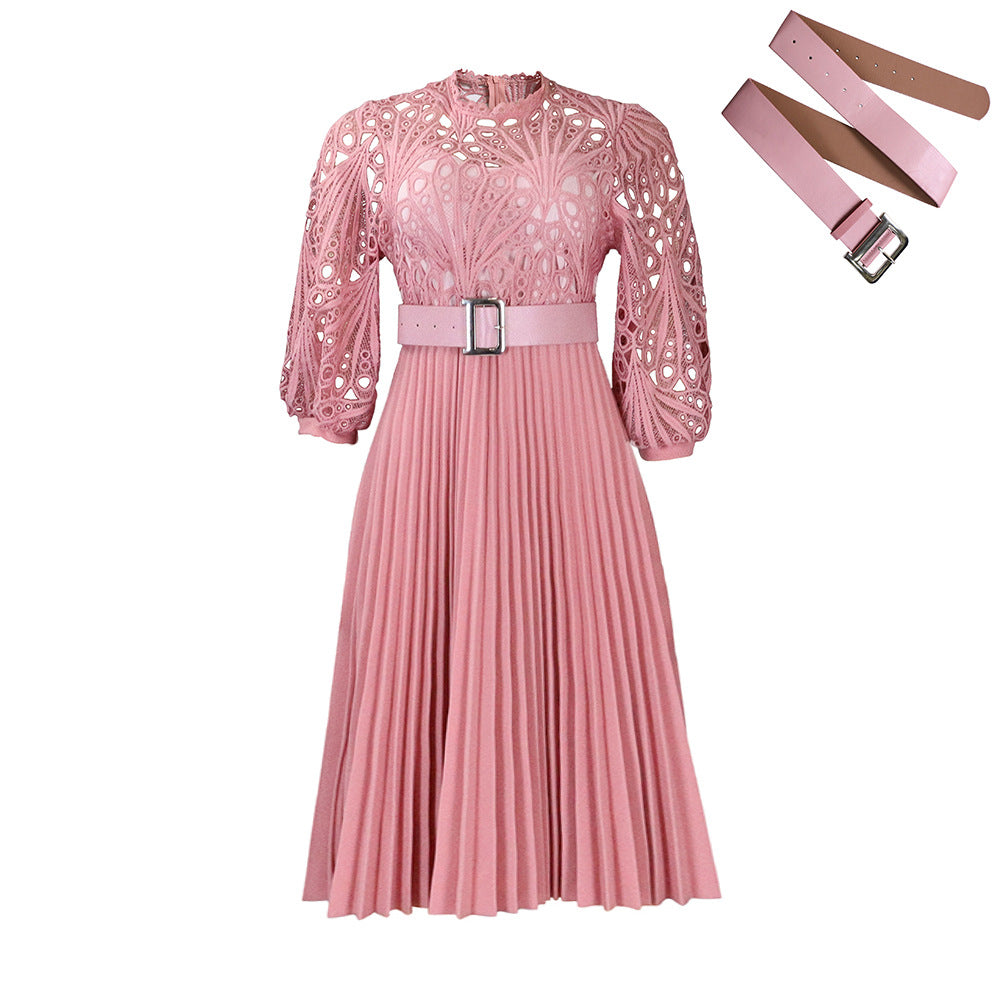 Amazon foreign trade women's clothing  new fashion plus size lace crochet sexy hollow-out pleated european and american style dress