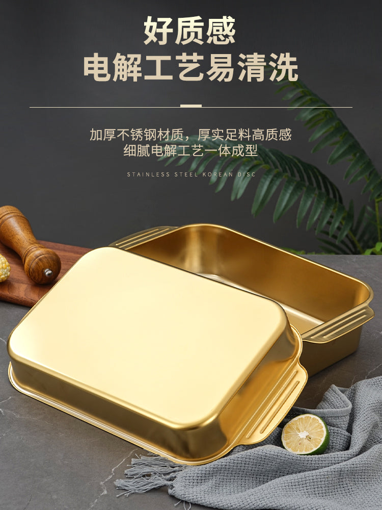 Stainless steel flat bottom thickened grilled fish plate - ideal for hotels, restaurants, seafood buffets, and commercial use. rectangular serving dish