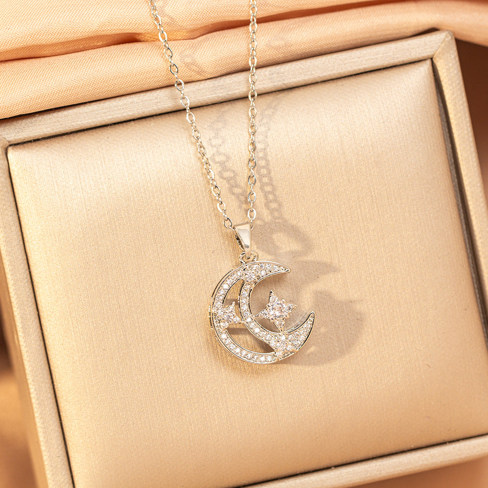【titanium steel】korean & japanese style full diamond hollow star & moon necklace - women's lightweight luxury fashion new clavicle chain accessory