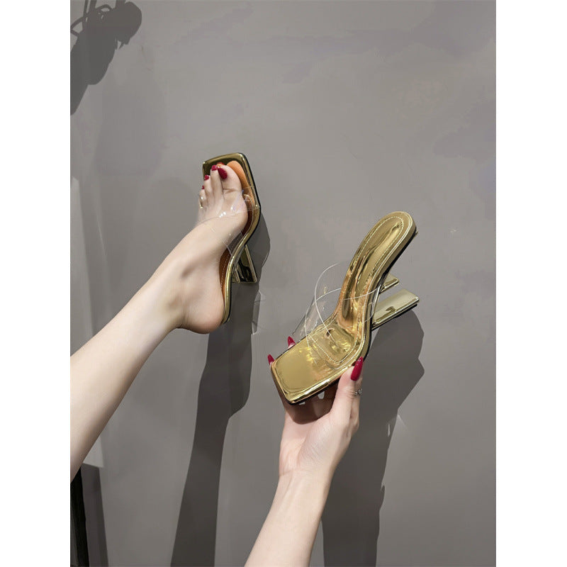 2025 new transparent sandals for women, metallic irregular heel high heels, sexy open-toe slippers, square toe fashionable outdoor wear