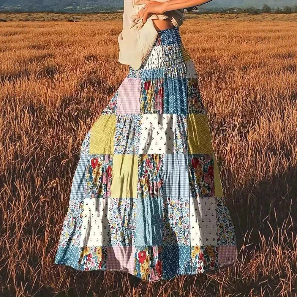 2025 european and american amazon cross-border printed patchwork women's fashion floral midi/maxi skirt