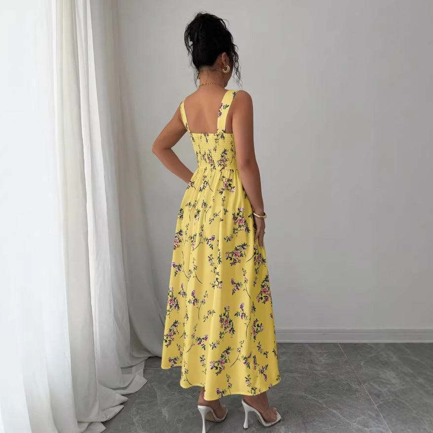 autumn european and american  cross-border e-commerce new solid color sleeveless square neck printed backless slit dress