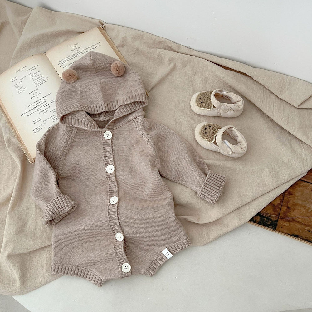 Korean style baby romper - autumn cute pom-pom bear knit hooded bodysuit (036)