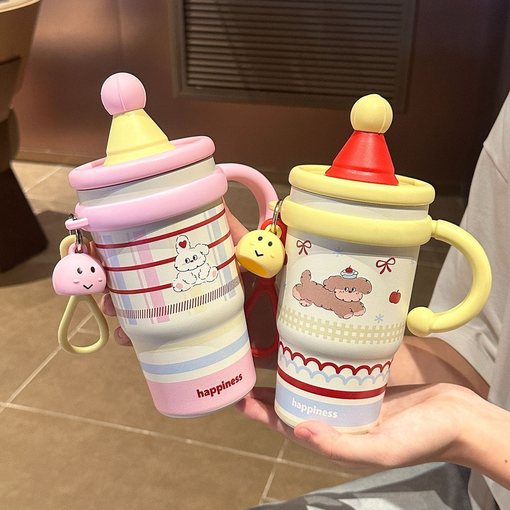 Popular cartoon cute pet with handle cute pendant girly heart student ins style large capacity 316 handle thermal insulation