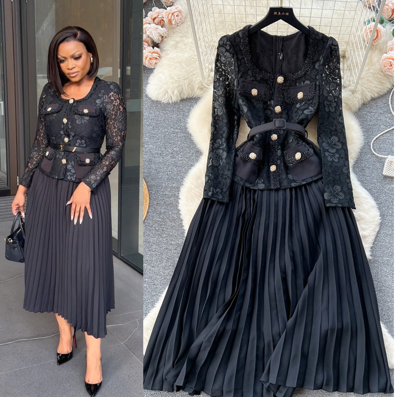 French chic dress - premium quality, heavily beaded, metal buckle, square neck, lace trim, pleated fairy dress