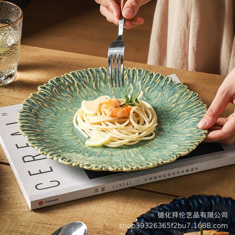 Kiln-turned retro style grids ceramic flower plate creative for home sunflower plate fruit salad plate japanese style plate