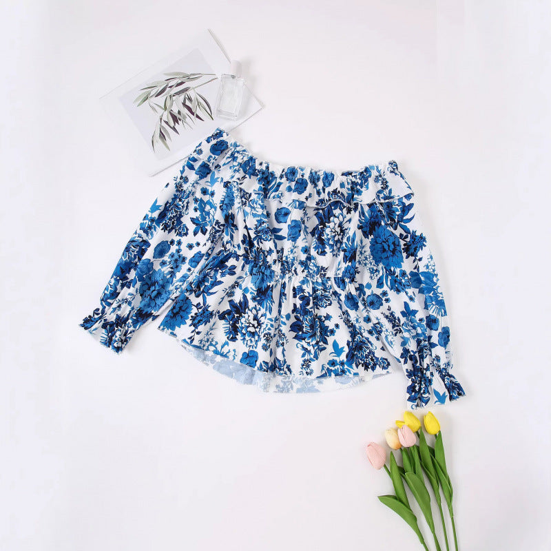 cross-border listing: new  women's original elegant chic one-shoulder long sleeve floral top