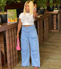 Fashionexport women's clothing  street trendy washed high waistjeans large flap pocket pantsloosecasualstraight-leg pants