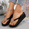2025 new summer wedge heel thong sandals - platform, chunky sole, european & american style, rhinestone flower detail, women's outdoor slippers