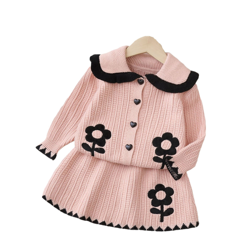 Knitted two-piece set: new autumn/winter girls' sweater dress outfit - little girl's big collar cardigan top set