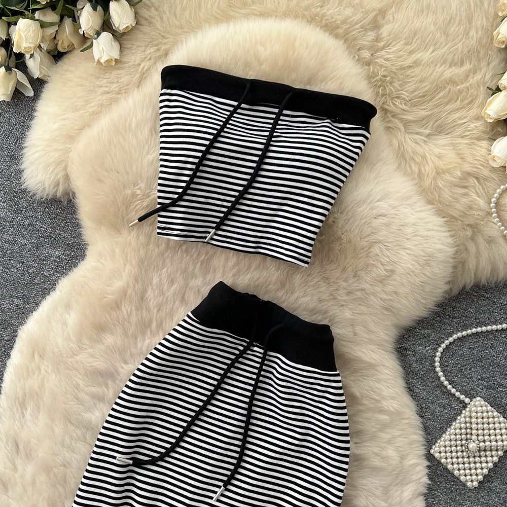 Lazy style slit skirt two-piece set women's summertie back waist tube top silmstraight-leg skirt work clothingsuit