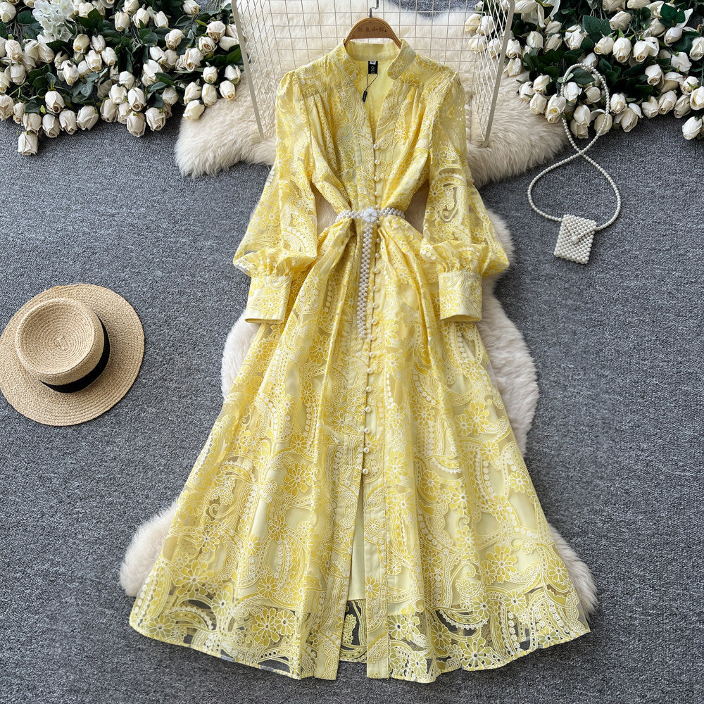 Accessible luxuryclassyheavy industry mesh embroidercut outdress women's long sleeves waist slimming lookwork clothingelegancea-line skirt