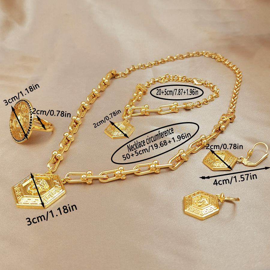 18k gold-plated medusa pattern jewelry set - hexagon pendant necklace, earrings, bracelet, and ring four-piece set