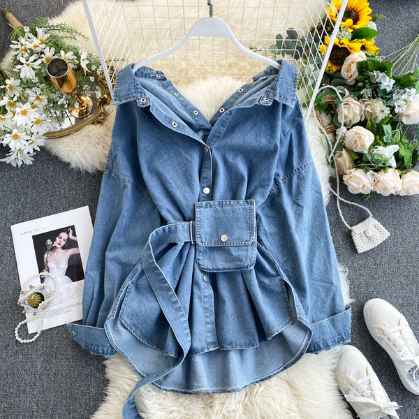 European and American  long-sleeved  independent station women's clothing design lace-up waist halter wear bag denim shirt