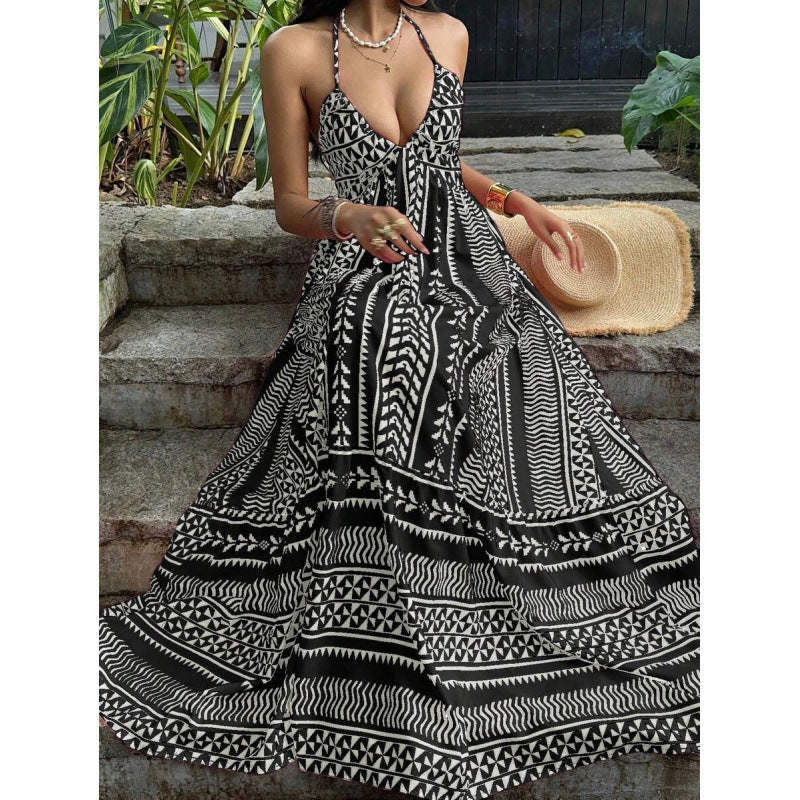 Amazon  summer new arrival: printed beach vacation style v-neck halter backless tie-up dress for women