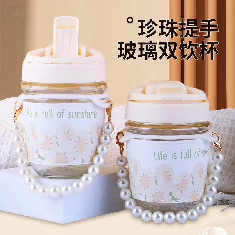 Popular ins style pearl chain satchel water cup small gift souvenir cup good-looking portable glass double drinking cup