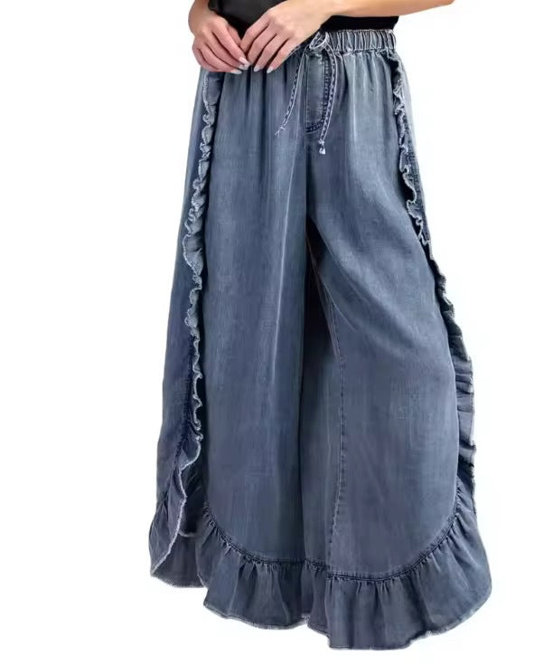 Amazon cross-border ins new european and american women's summer washed cotton denim ruffles raw edge flared pants
