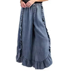 Amazon cross-border ins new european and american women's summer washed cotton denim ruffles raw edge flared pants