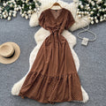 Frenchretro polka dot elegant short-sleeved dress women's summerv neck waist tie back a-line skirt slimming look elegant long skirt