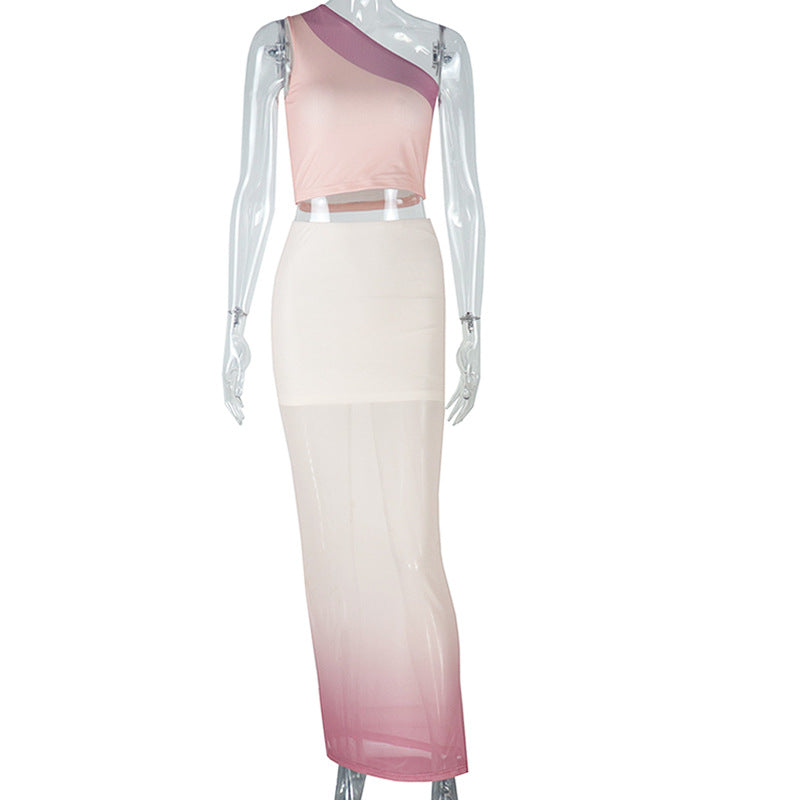 European and american style fresh & chic women's crop top & bodycon mini dress set - gradient color, asymmetrical neckline, semi-sheer, two-piece outfit