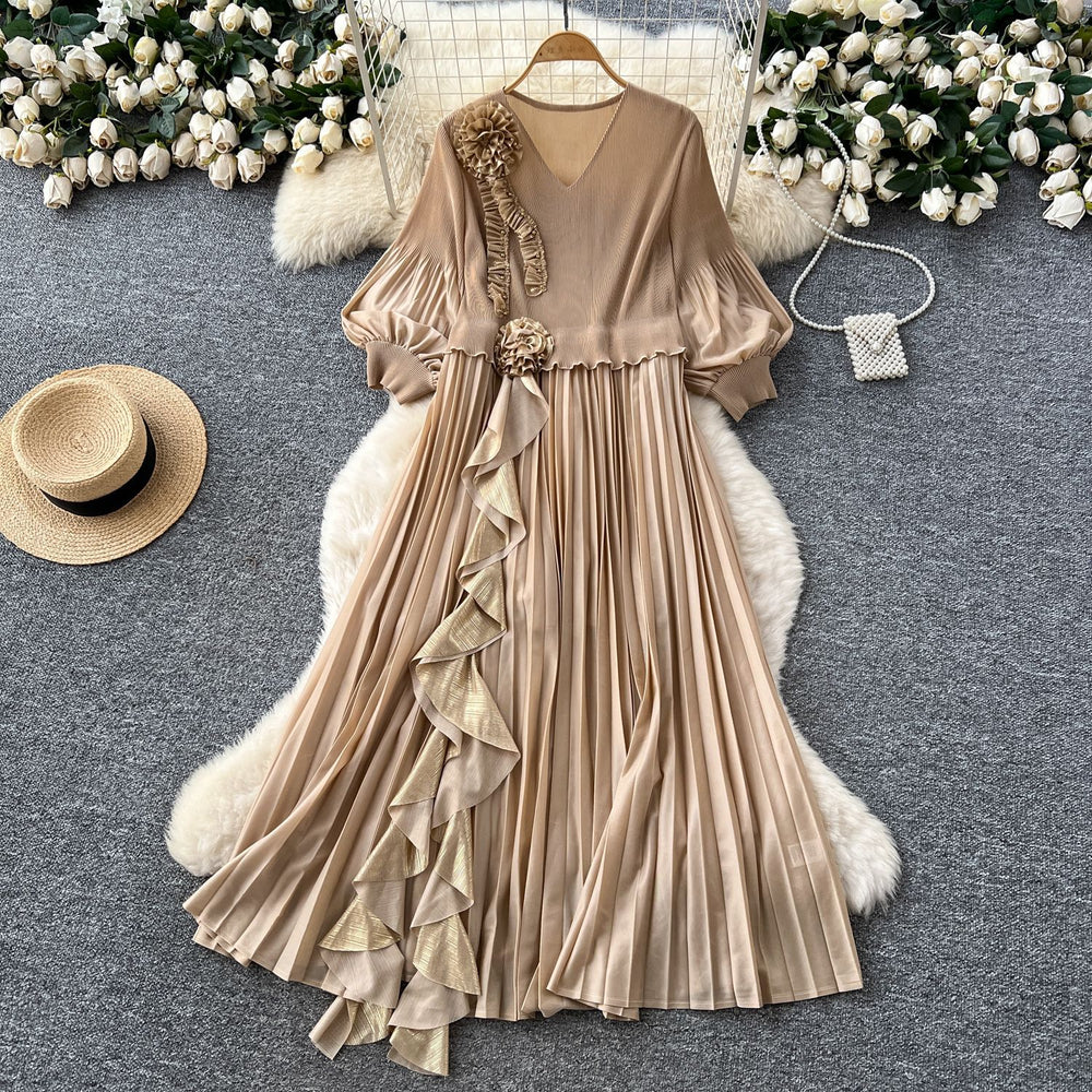 European and american style high-end women's autumn dress with ruffle trim, loose fit, and elegant flared skirt