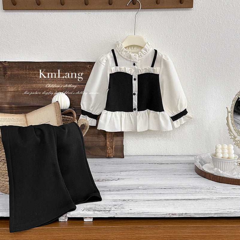 Girls' outfit set:  autumn new fashion korean style chanel-inspired blouse, chic two-piece set for little girls