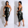 C6738 cross-border   fashion women's solid color sexy camisole slant neck ruched dress