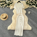 Classy outfit for women, small fragrant style, metal buckle, round neck, short-sleeved knittingtops, tight-fitting hip-covering skirt, two-piece set