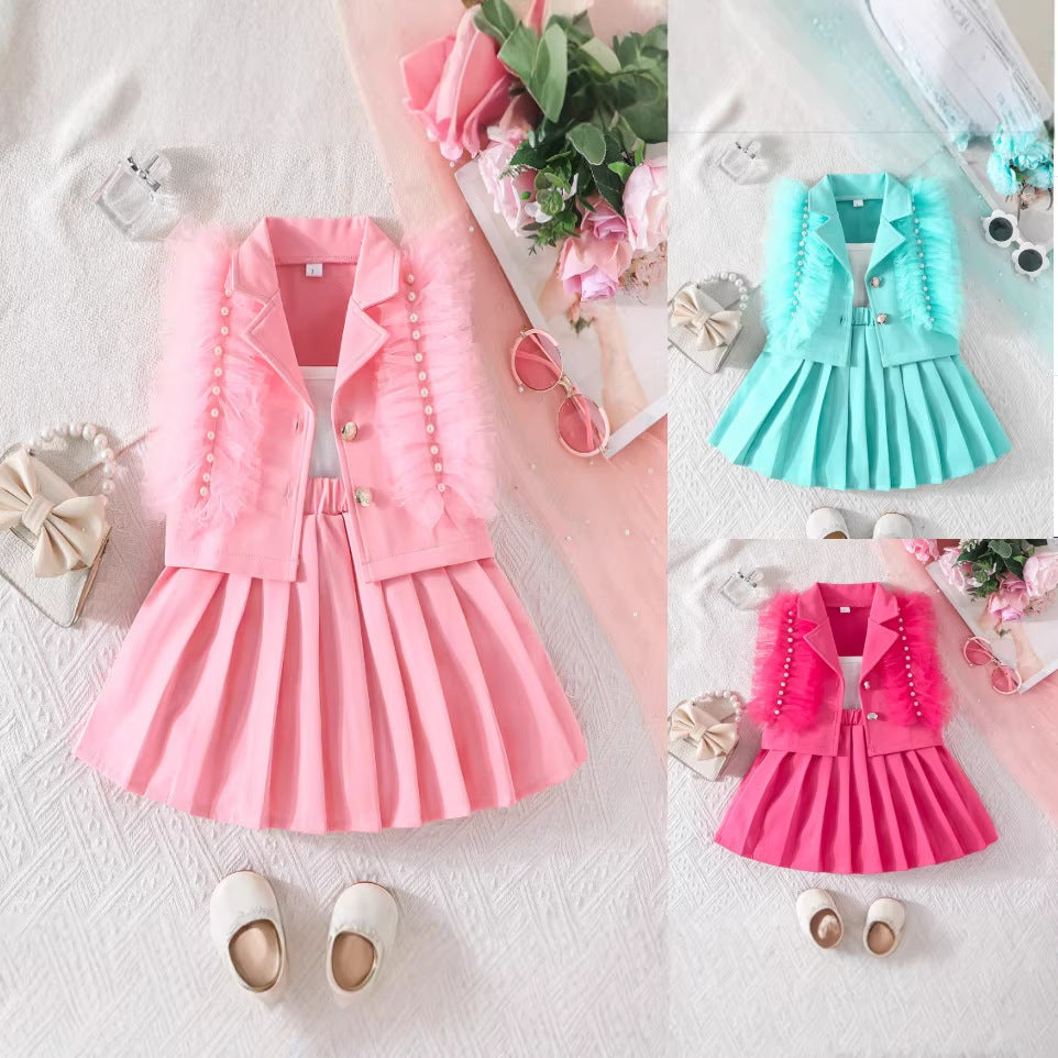 summer new girls' solid color feather beaded vest and pleated skirt set - sweet and playful three-piece outfit