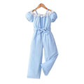 girl's suspender one-shoulder jumpsuit lace flower collar bows belt sky blue kids pants suit