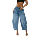 Fashionjeans women's patchworkhigh waist cocoon type scimitar pants retro light blue looseslimming lookshortloose pantsjeans