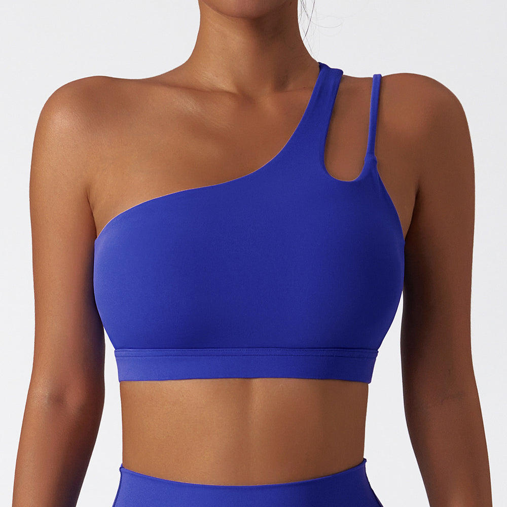 Asymmetrical shoulder shockproof yoga bra cloud feel backless sports bra irregular strap running fitness vest 6425