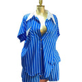 European and american cross-border women's fashion  autumn new casual blue striped turn-down collar button-down shirt and wide-leg shorts set