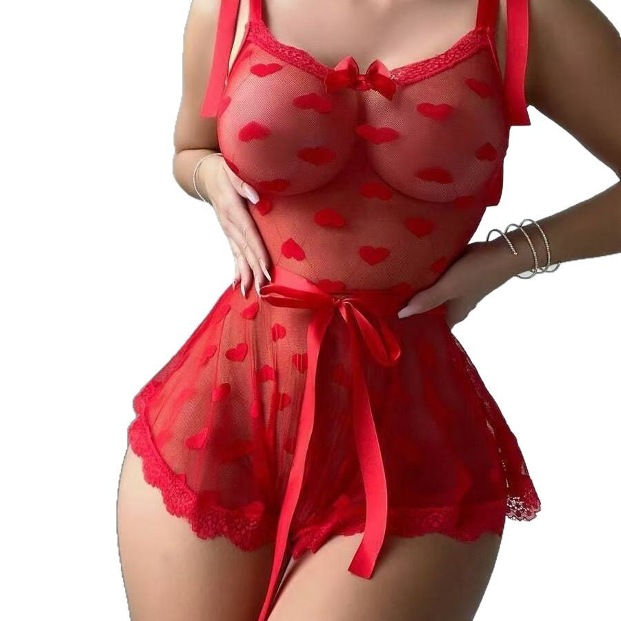 fashionnew arrivalsexy red heart mesh asymmetrical jumpsuit backless nightgown suit wholesale
