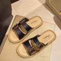2024 new retro fairy style soft sole flat leather buckle slippers women's summer beach one-strap sandals