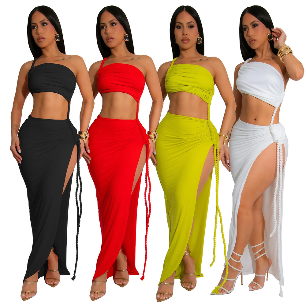 C7342 cross-border   fashion women's summer casual wrap chest side slit sexy long skirt