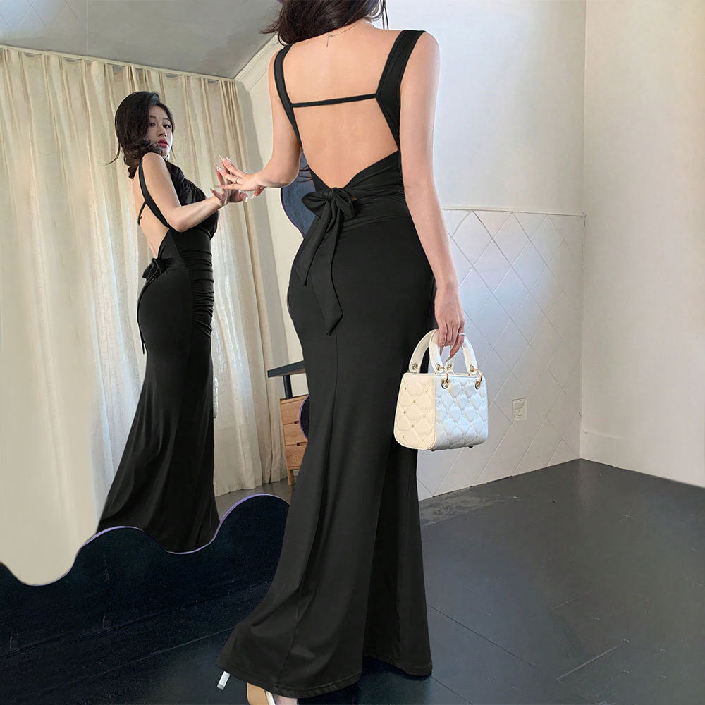 summer high-waisted bodycon midi dress - solid color knit, open back, sleeveless, v-neck, sexy & spicy style
