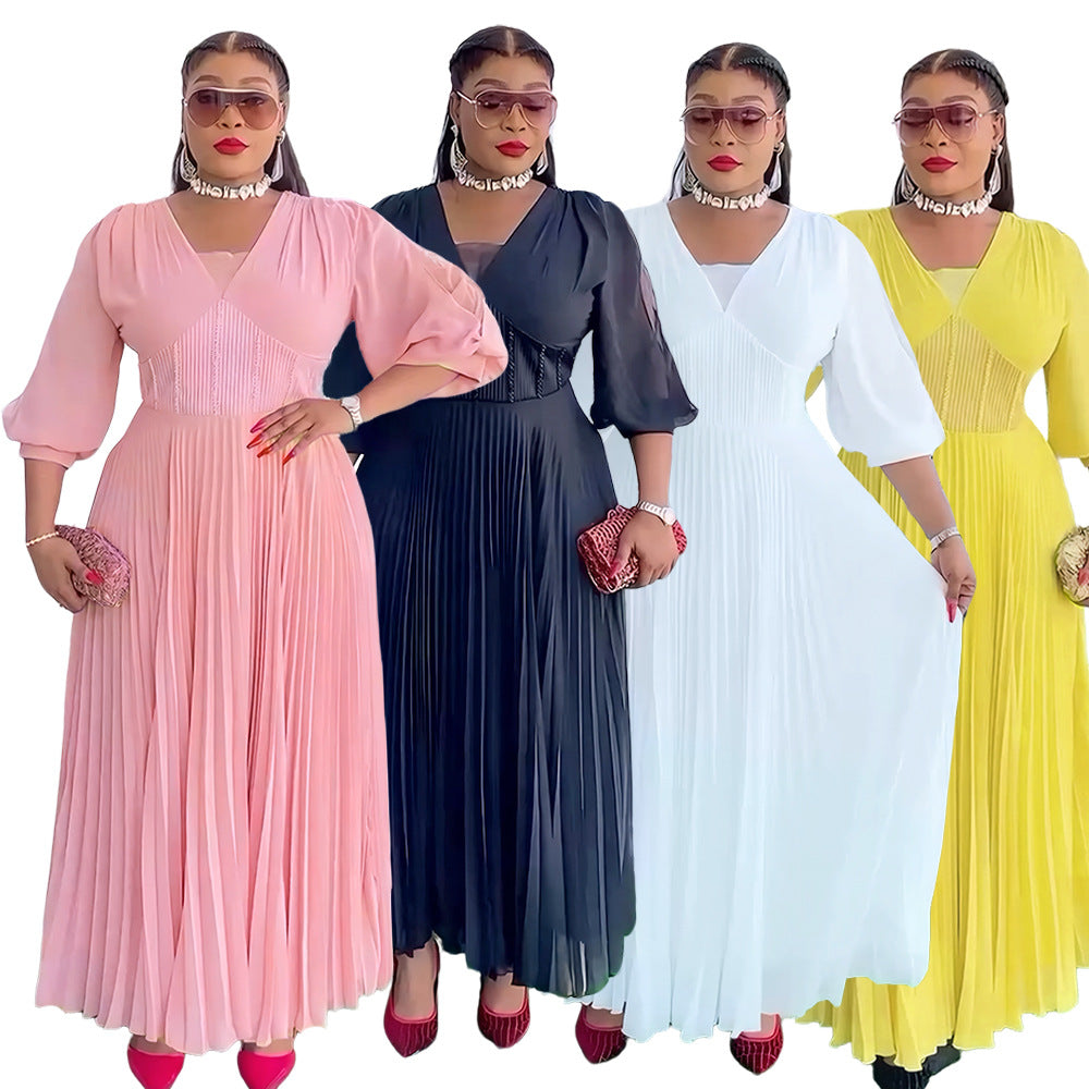 Aliexpress cross-border african new plus size women's elegant maxi dress, european and american foreign trade trendy v-neck pleated dress