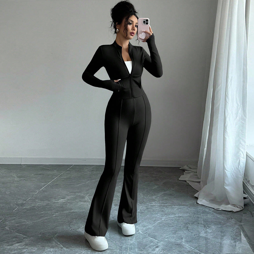European and american cross-border e-commerce black slim-fit zip-up stand collar top and flare pants fashion two-piece set for women