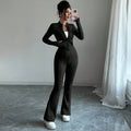 European and american cross-border e-commerce black slim-fit zip-up stand collar top and flare pants fashion two-piece set for women