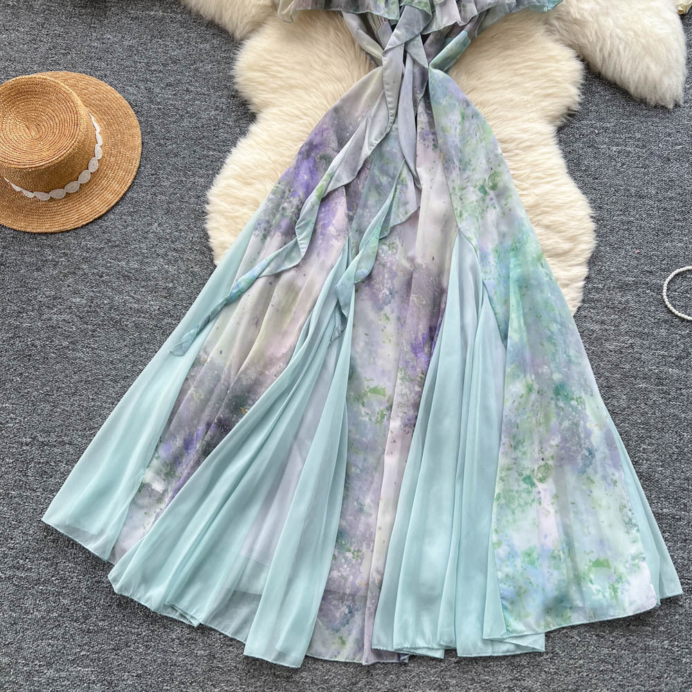 One shoulder rufflespatchwork waist dress women's summer seaside vacation style scheming off-shoulder suspender long skirt