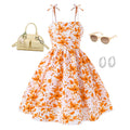 Amazon bestseller: girls' dress -  spring/summer new arrival - trendy floral print, slim fit, cinched waist, bow detail, spaghetti strap dress